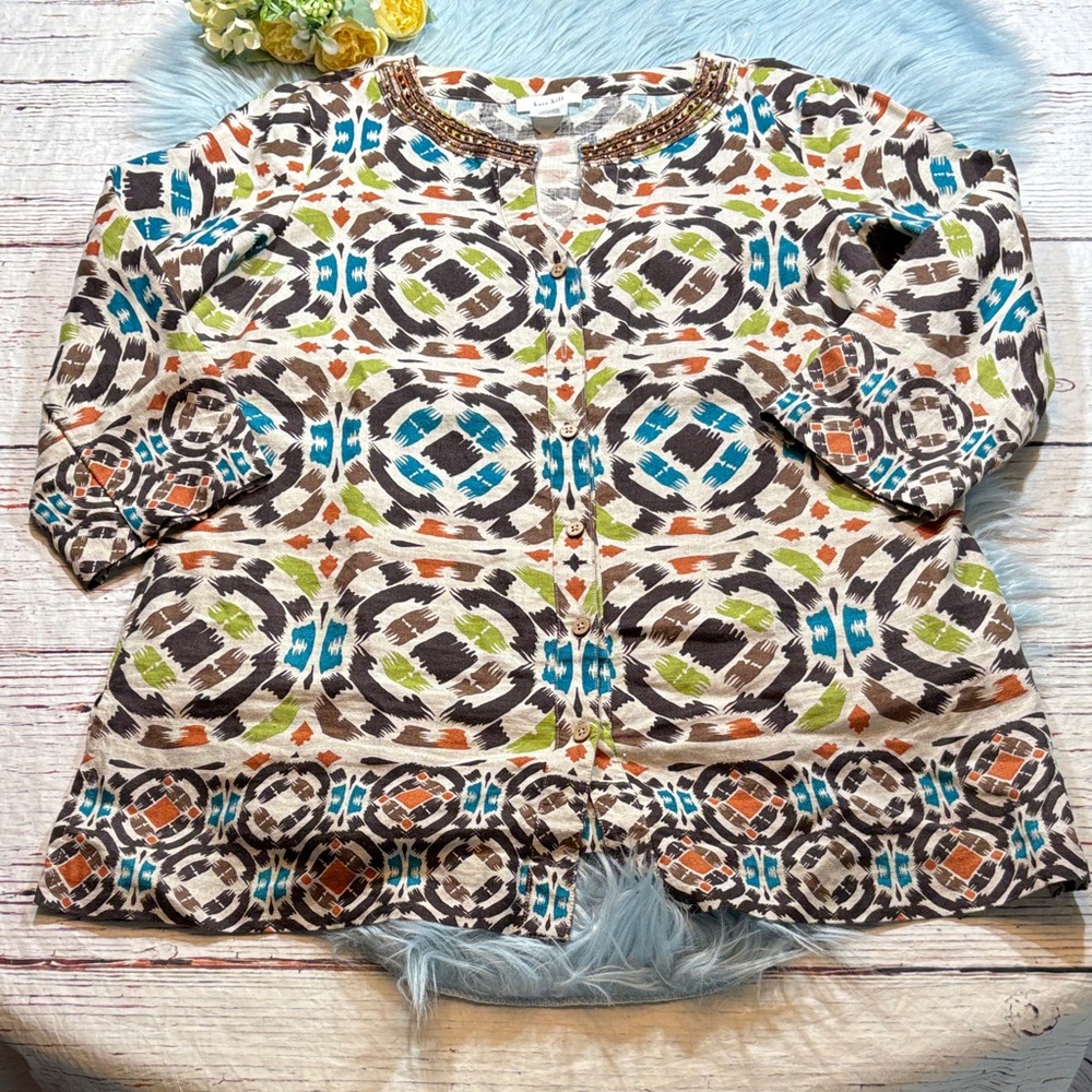 Kate Hill Linen Patterned Button Up Top sz L